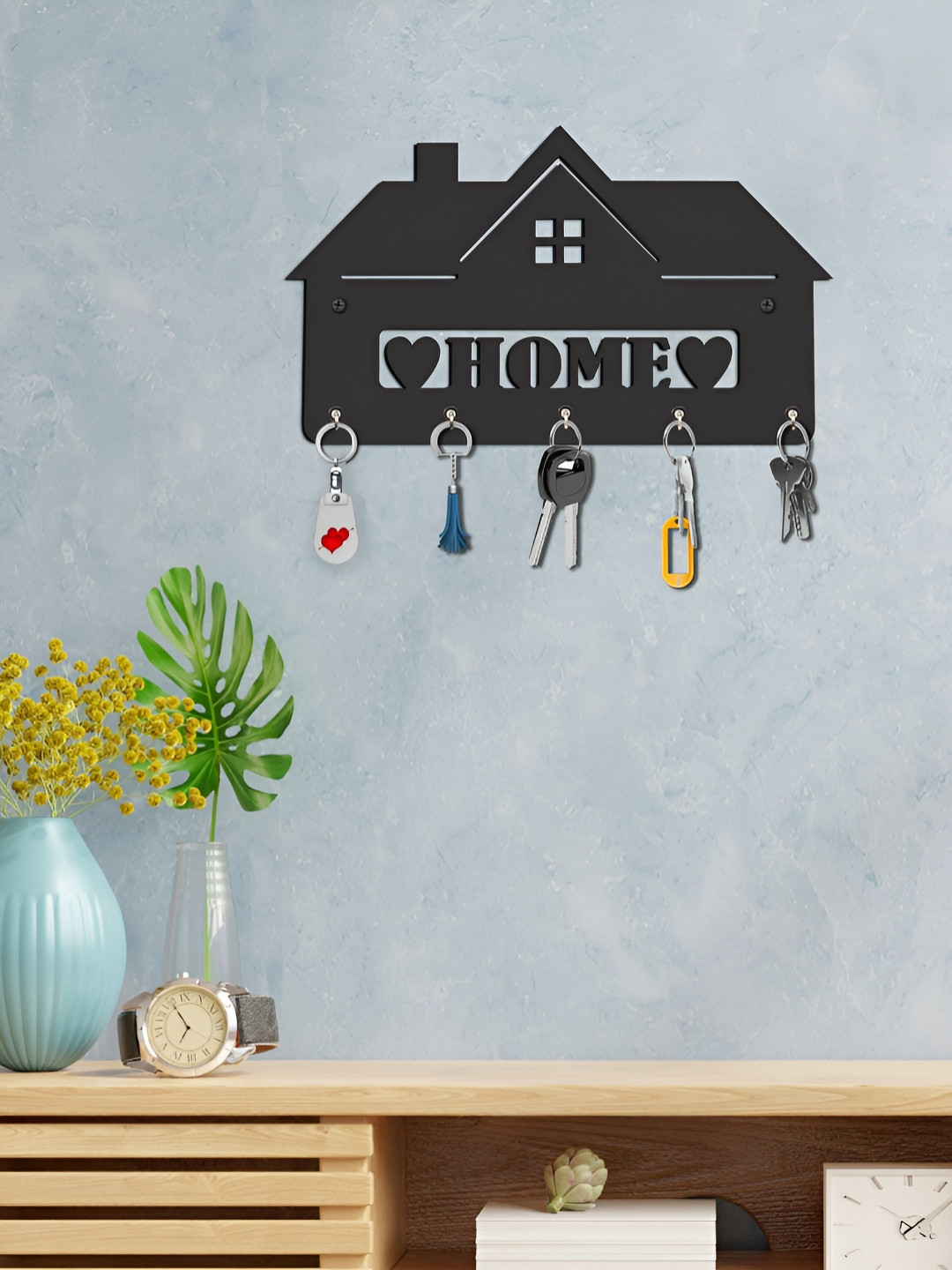 OLIVE TREE Black Home Wooden Key Holder With 5 Key Hooks