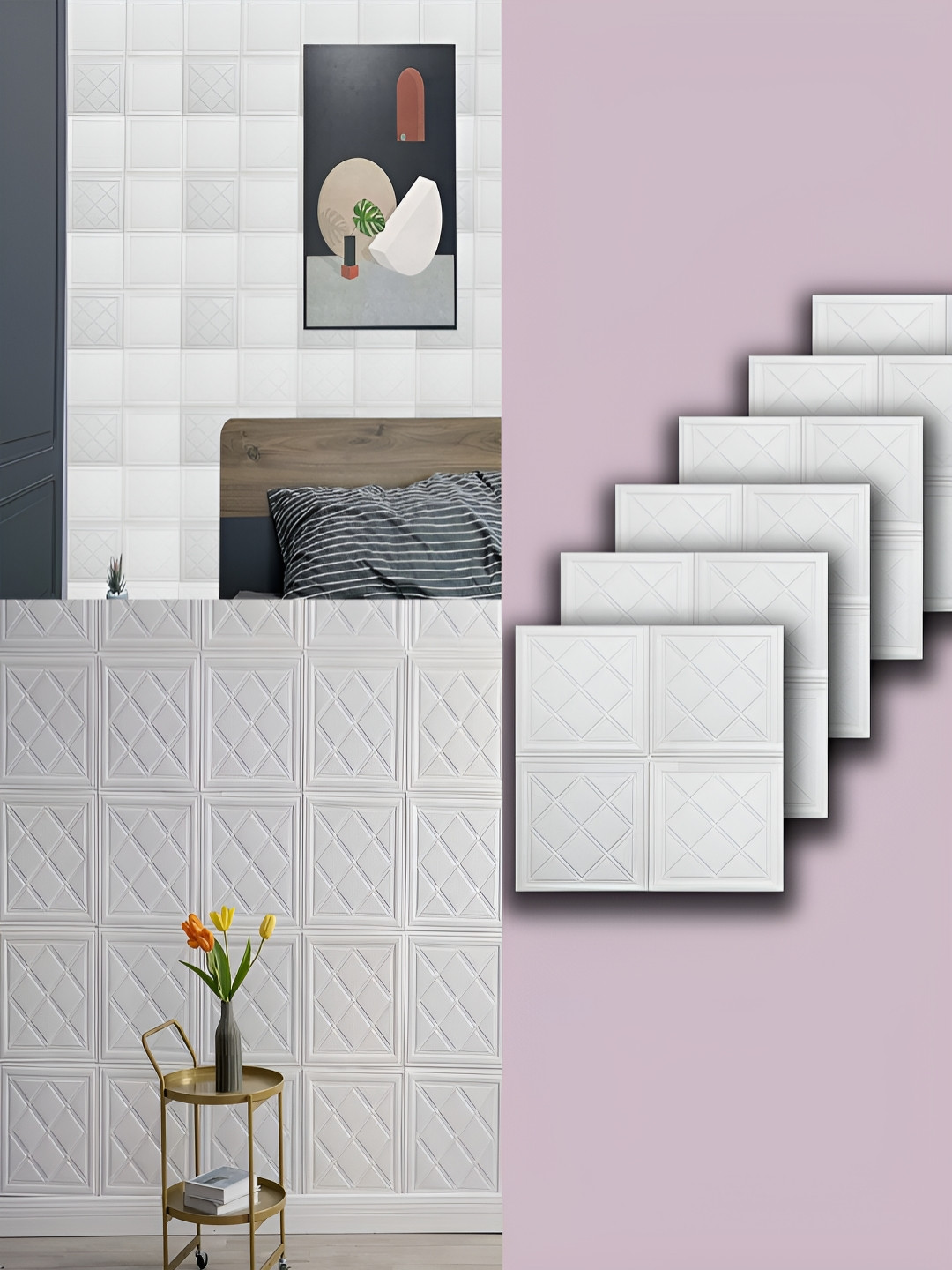 Lukzer 6-Pcs White Geometric Self-Adhesive Wall Panels