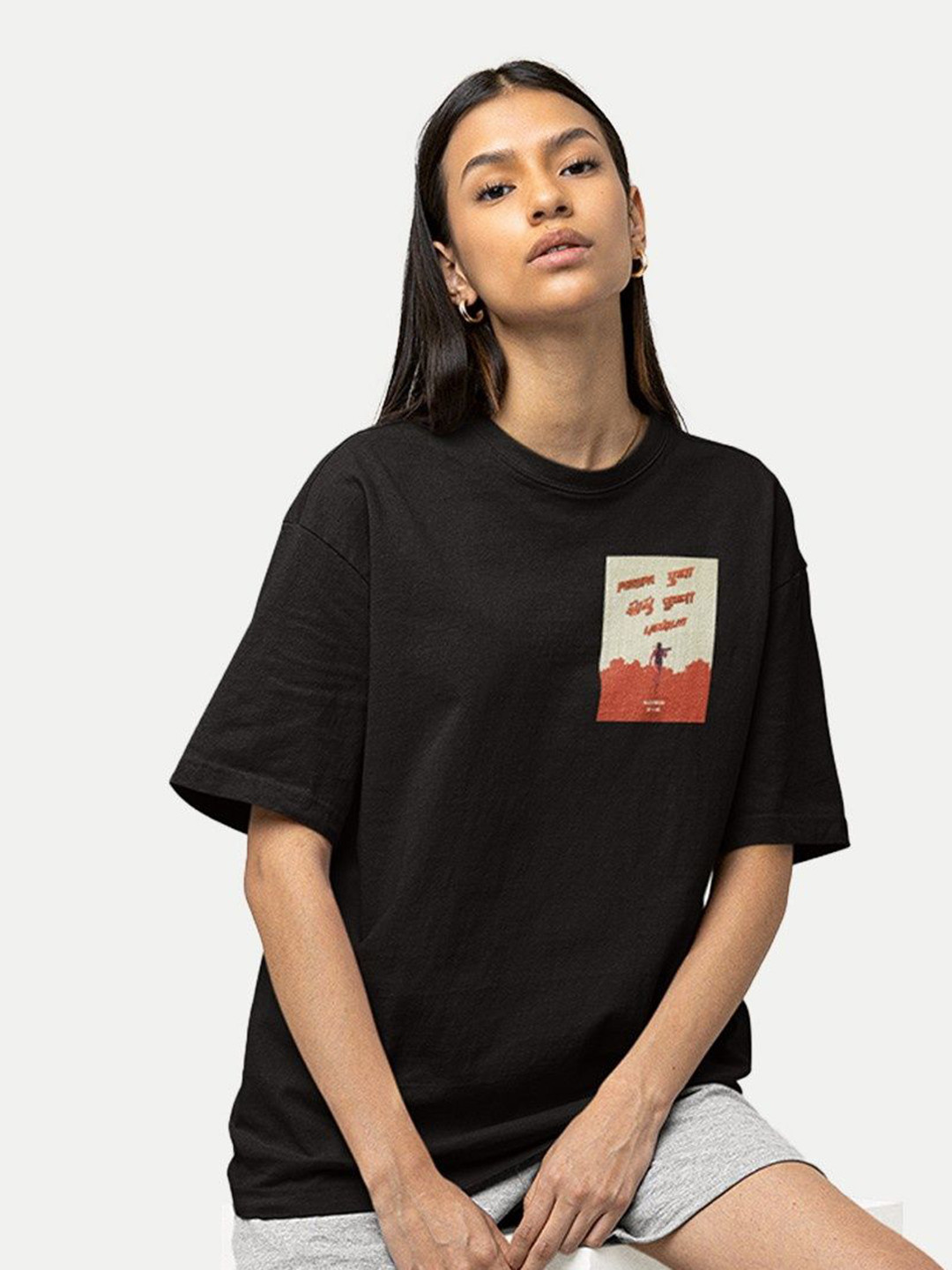 BOLLYWOO.OOO Unisex Drop-Shoulder Sleeves Bio Finish Applique T-shirt