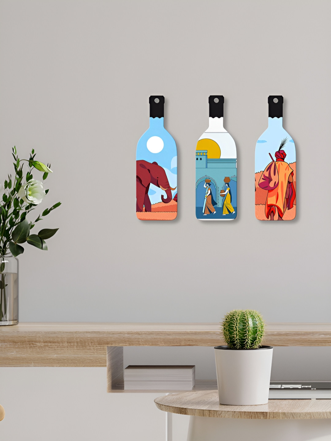 ArtVibes Eco-Friendly Wood Ethnic Motifs Matte Hanging Hall 3Pcs Abstract Wall Decor-4.2In