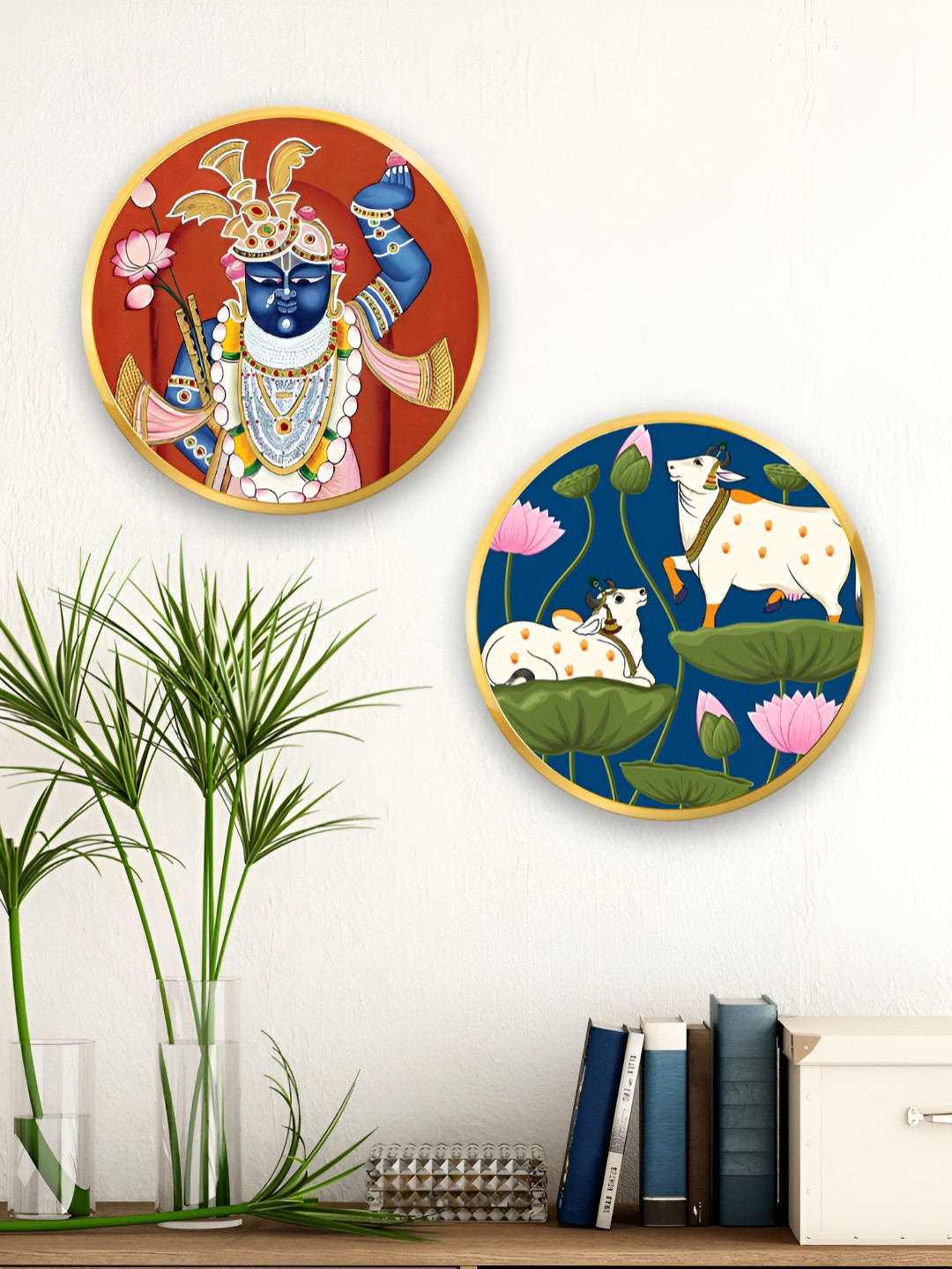 ArtVibes Pichwai Round Shape Wood Glossy Hanging Hall 2Pcs Spiritual Wall Decor-8.7In