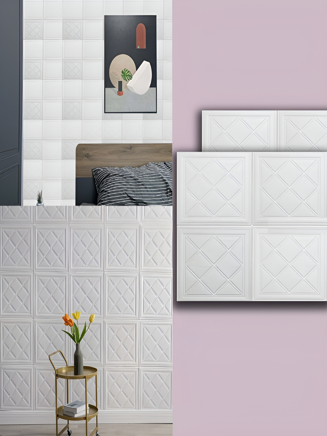 Lukzer 2-Pcs White Geometric Self-Adhesive Wall Panels
