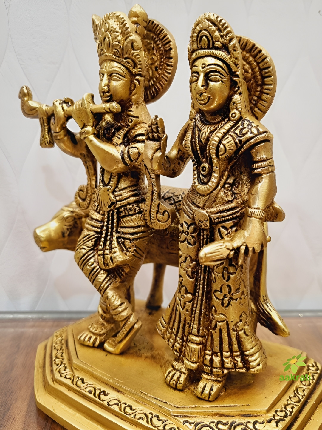 Aakrati Lord Radha Krishna with Cow Yellow Brass Metallic Prayer Room Medium Showpiece - 7 Inches