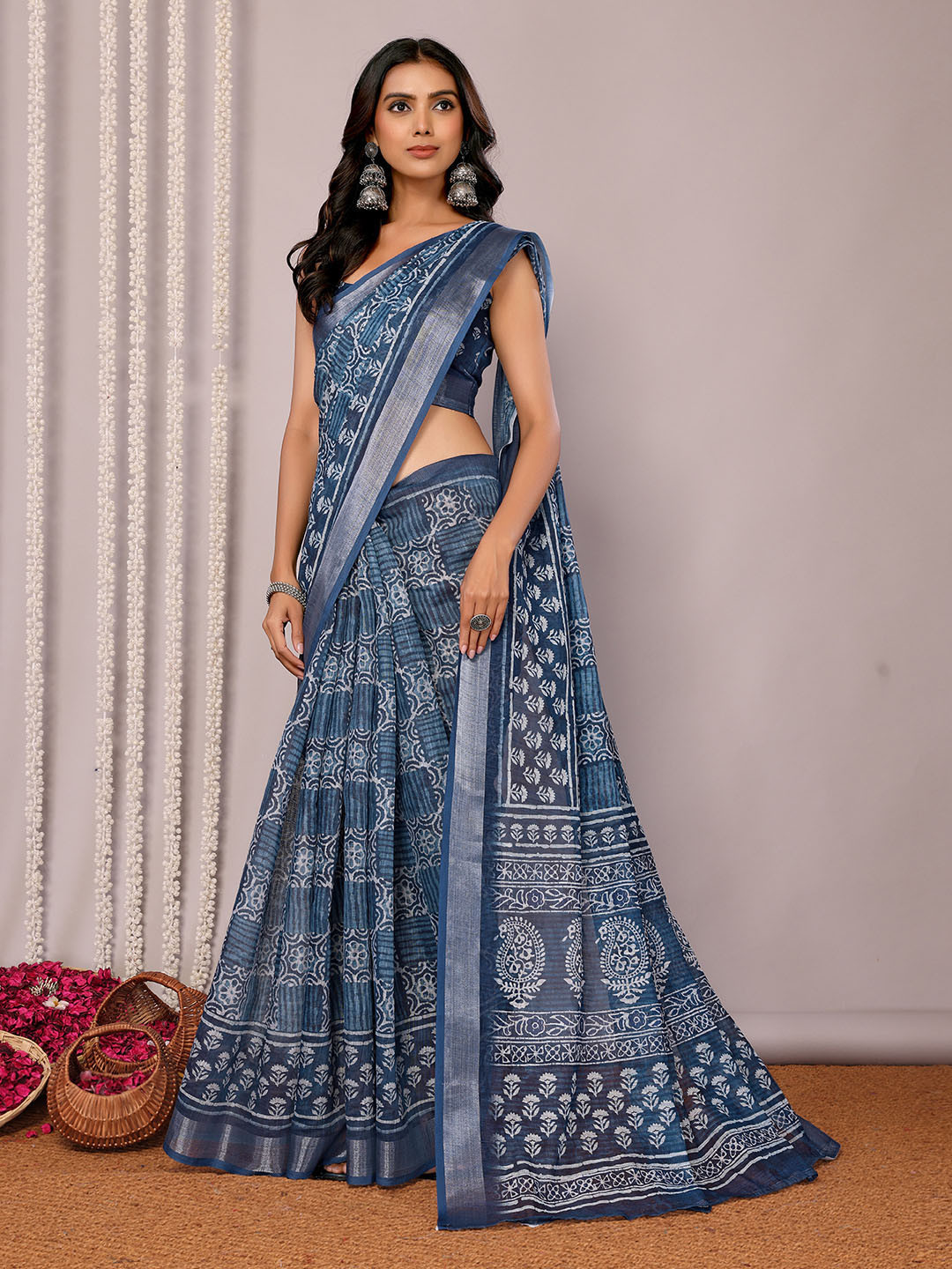 KALINI  Navy Blue Linen Blend Block Print Printed Daily Wear Saree with Blouse Piece