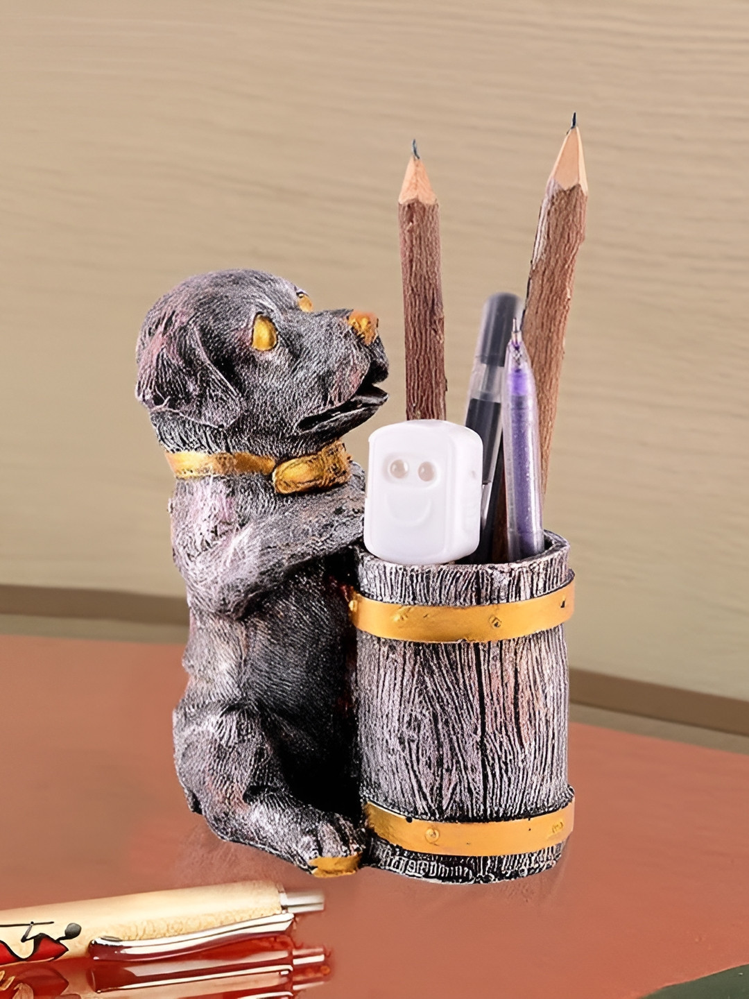 Zart Dog Shaped Pen Stand Copper Polyresin Natural Living Room Small Showpiece - 6 Inches