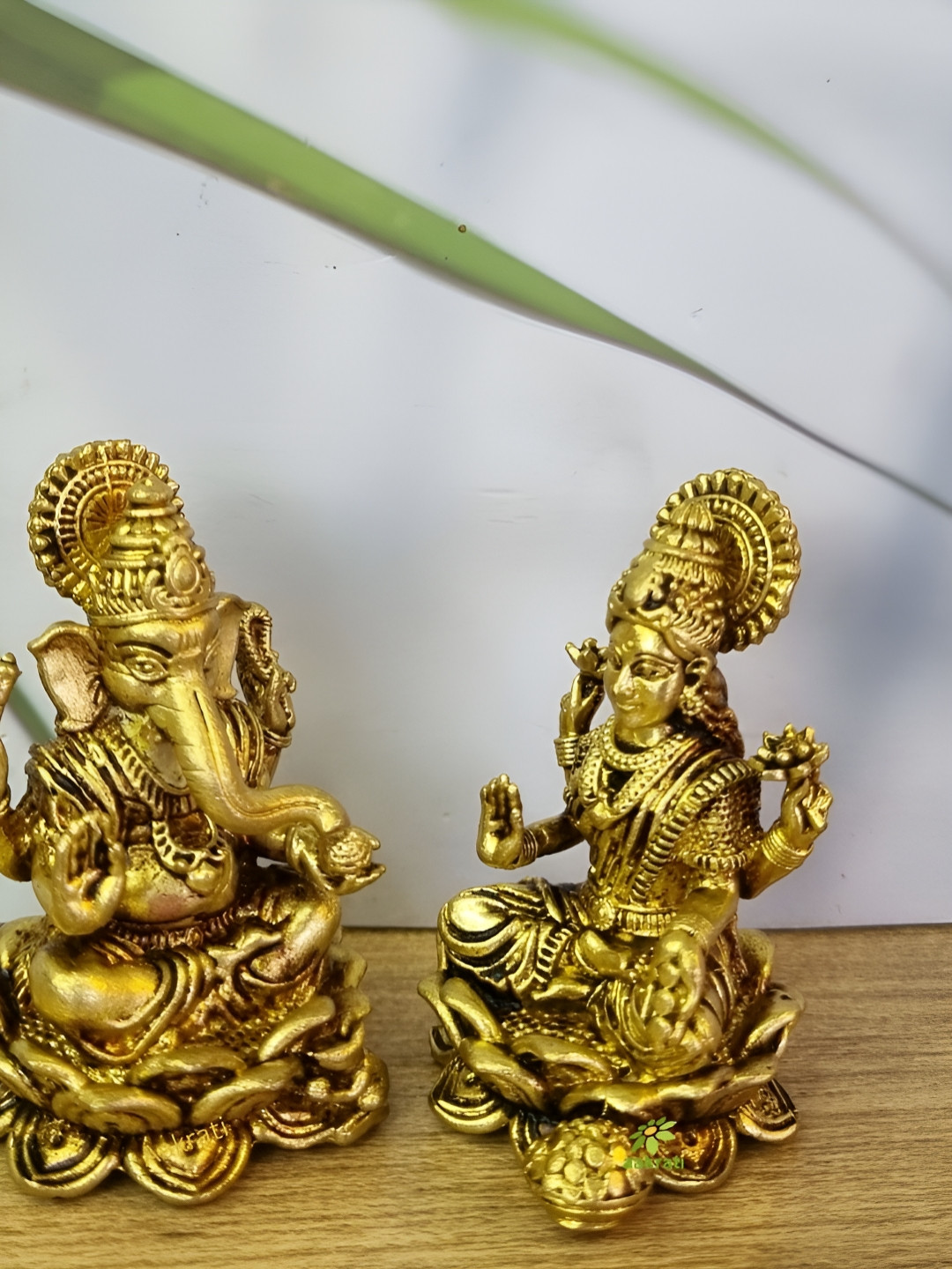 Aakrati Lakshmi and Ganesh Pair Gold Brass Metallic Living Room Set of 2 Tiny Showpieces - 2 Inches