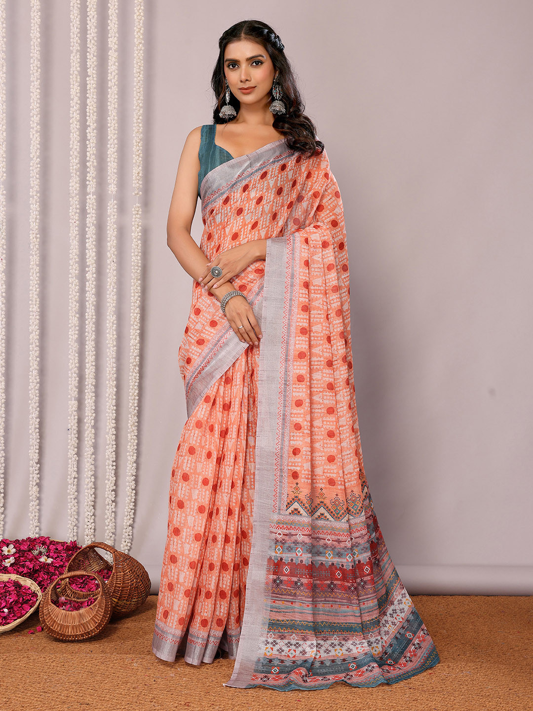 KALINI  Orange Linen Blend Block Print Printed Daily Wear Saree with Blouse Piece