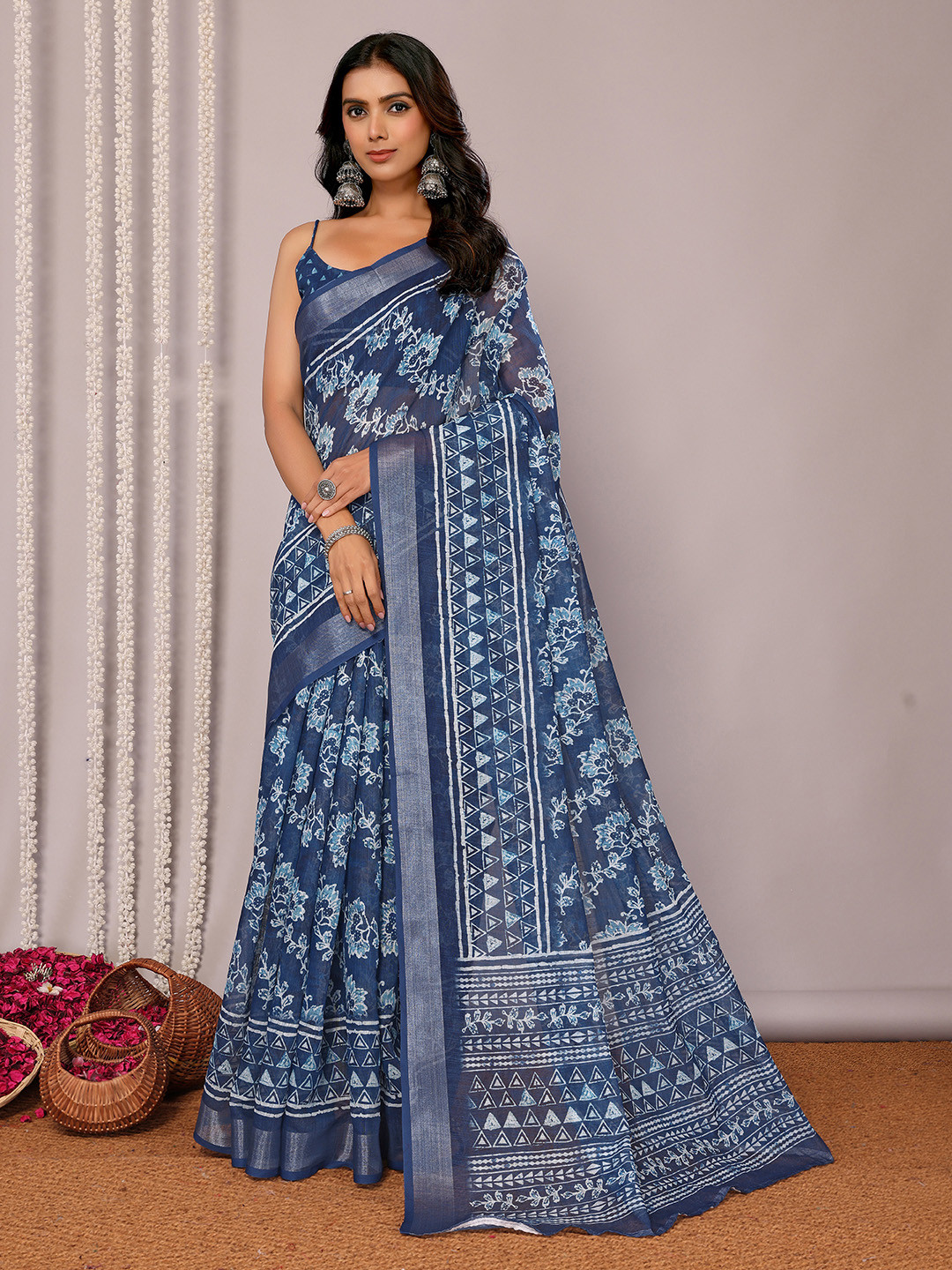 KALINI  Navy Blue Linen Blend Floral Printed Daily Wear Saree with Blouse Piece