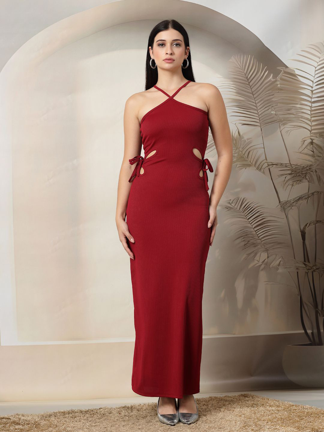 aayu Halter Neck Bodycon Maxi Dress