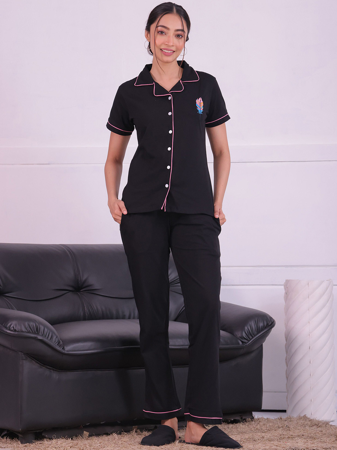 NAP STORY Feather embroidery Half Sleeves Shirt and Pyjama Nightsuit Set