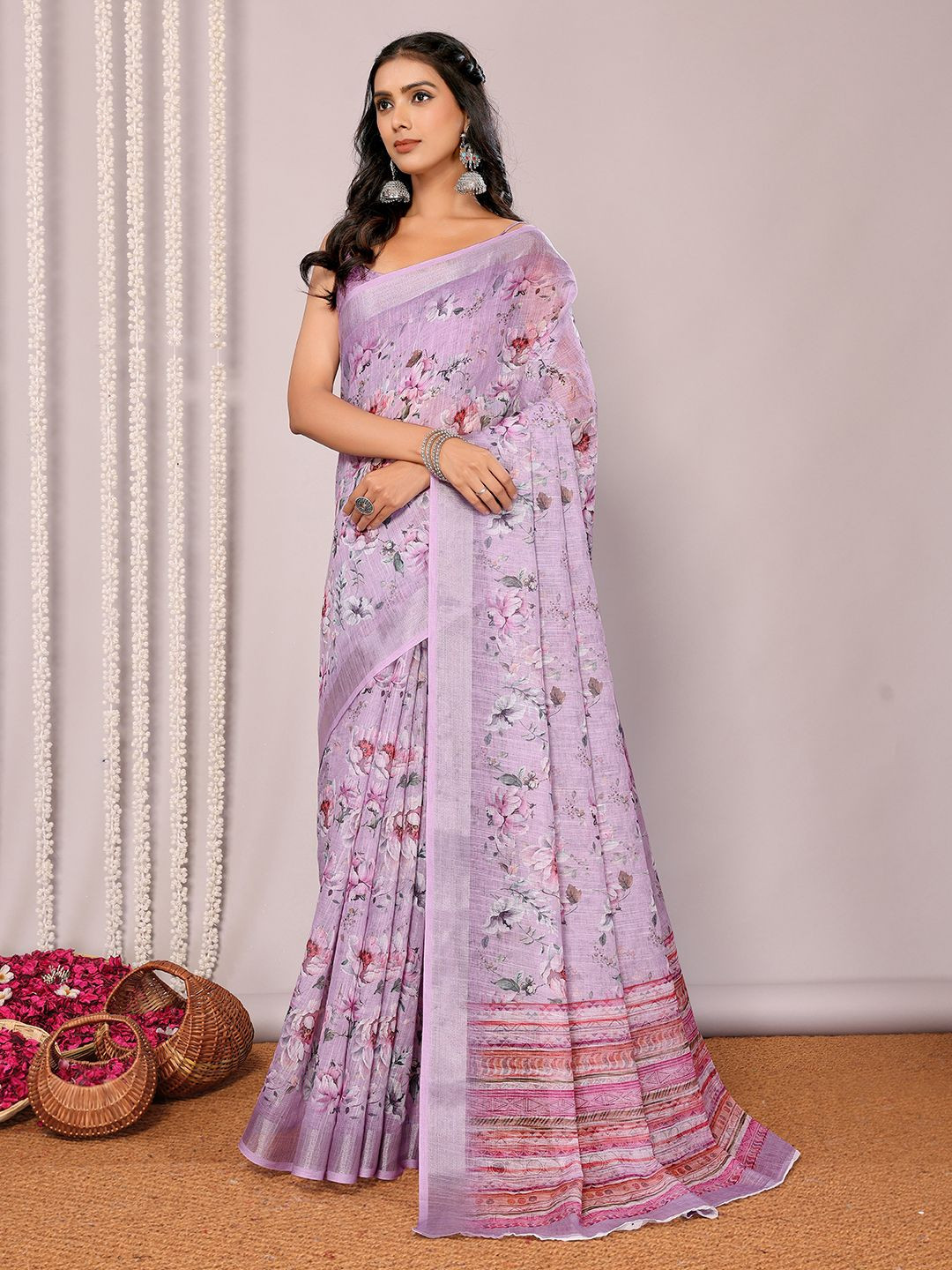 KALINI  Lavender Linen Blend Floral Printed Daily Wear Saree with Blouse Piece