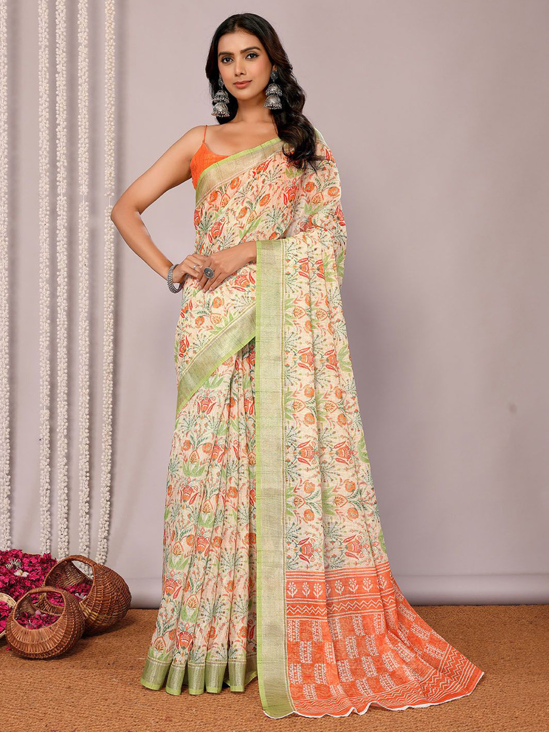 KALINI Women Light Green Linen Blend Floral Printed Daily Wear Saree with Blouse Piece