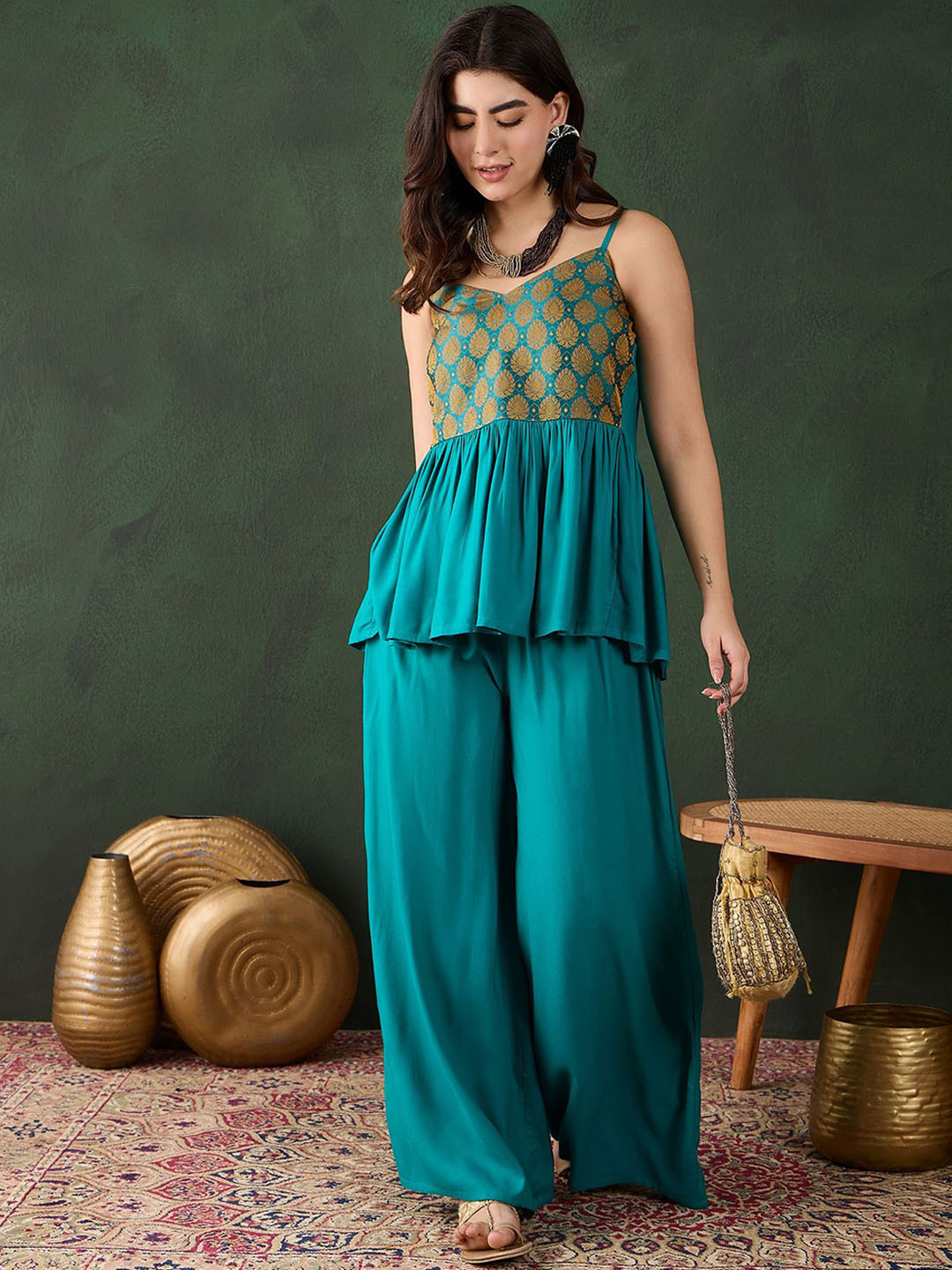Sangria Teal Blue Embroidered Top with Palazzo Co-Ords