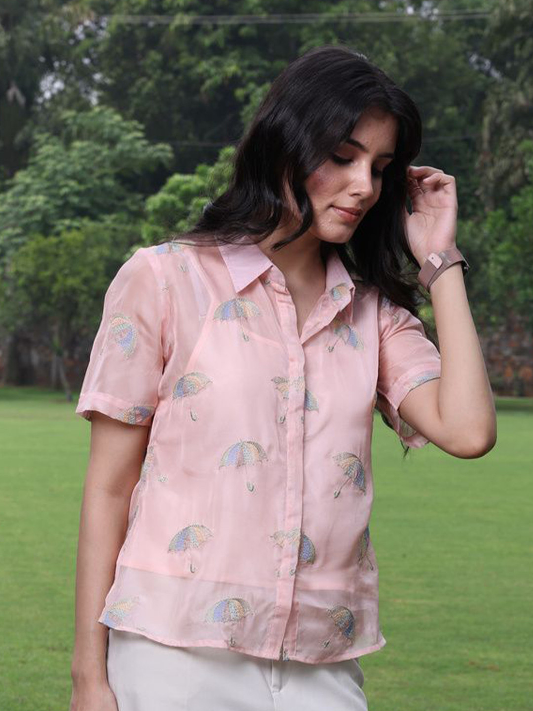 Sands of India Women Sheer Organza Casual Shirt with camisole