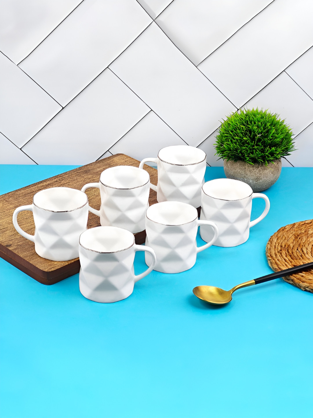 UPC Thank U White Textured Ceramic Microwave Safe 6 Piece Mugs-220ml