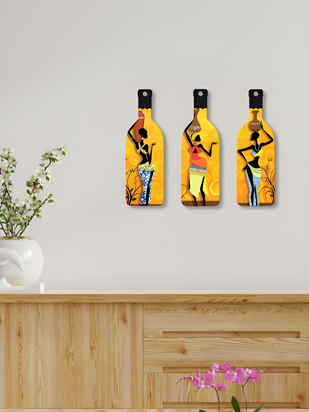 ArtVibes African Warli Wood Ethnic Motifs Matte Hanging Hall 3Pcs Wall Hangings-10.6In