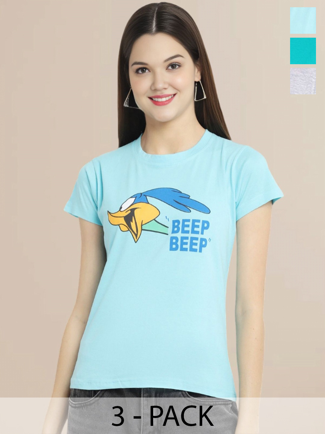 Metronaut Women Pack Of 3 Typography Printed Round Neck Cotton Looney Tunes T-shirts