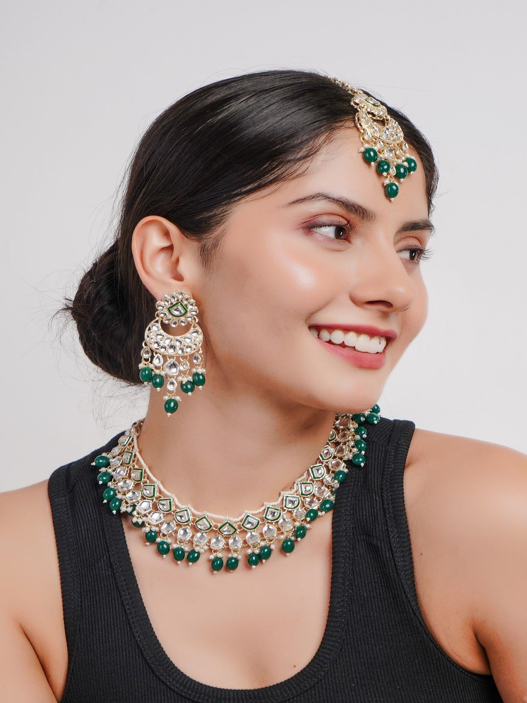 Divisha18 K Gold-Plated CZ-Studded & Pearl Beaded Jewellery Set