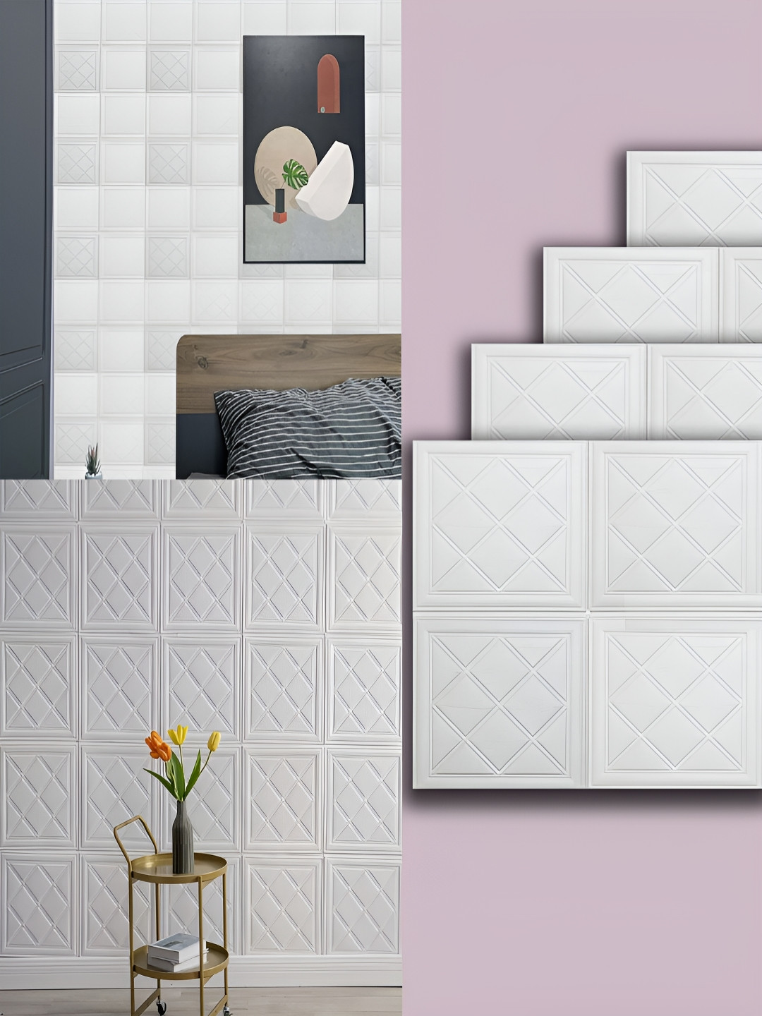 Lukzer 4-Pcs White Geometric Self-Adhesive Wall Panels