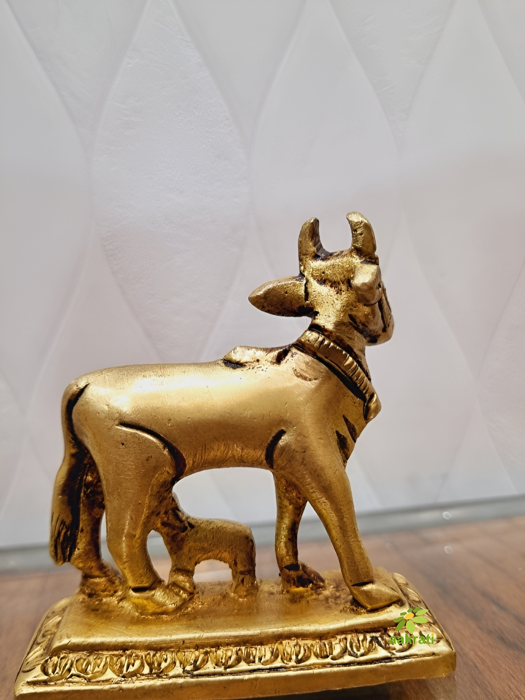 Aakrati Cow with Calf Yellow Brass Metallic Living Room Tiny Showpiece - 1.5 Inches