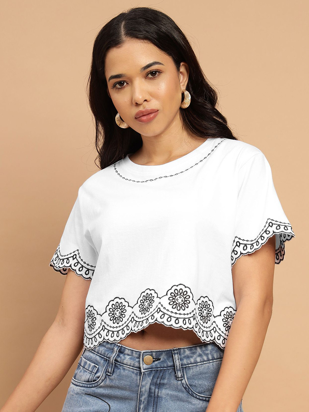 Sands of India Drop-Shoulder Sleeves Embroidered Slim Fit T-shirt