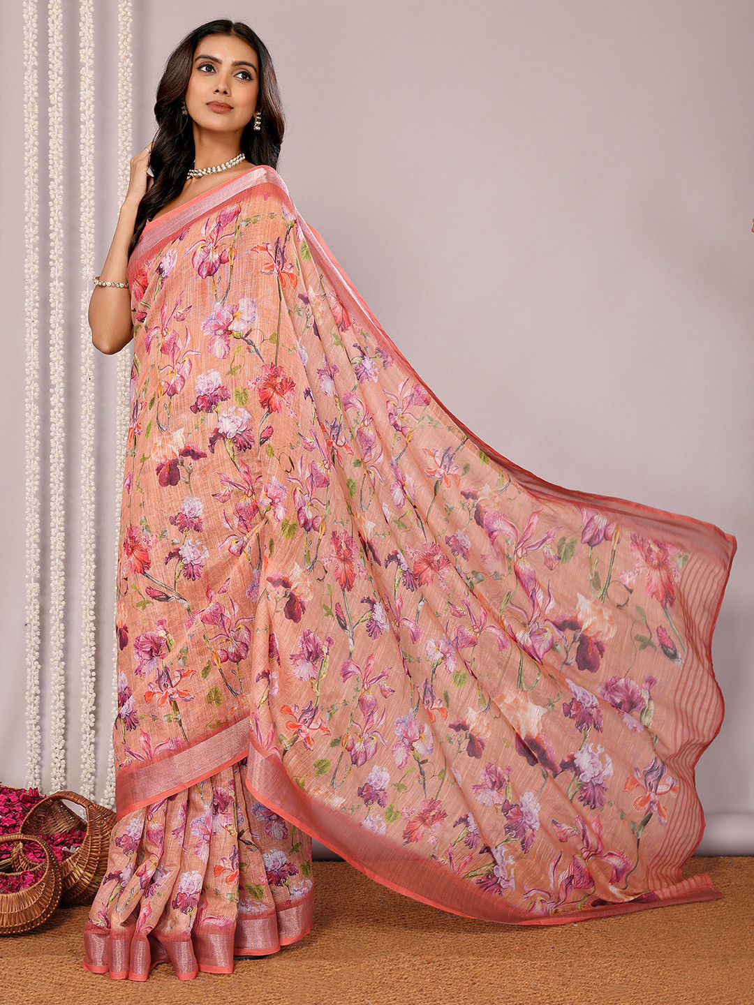 KALINI  Peach Linen Blend Floral Printed Daily Wear Saree with Blouse Piece