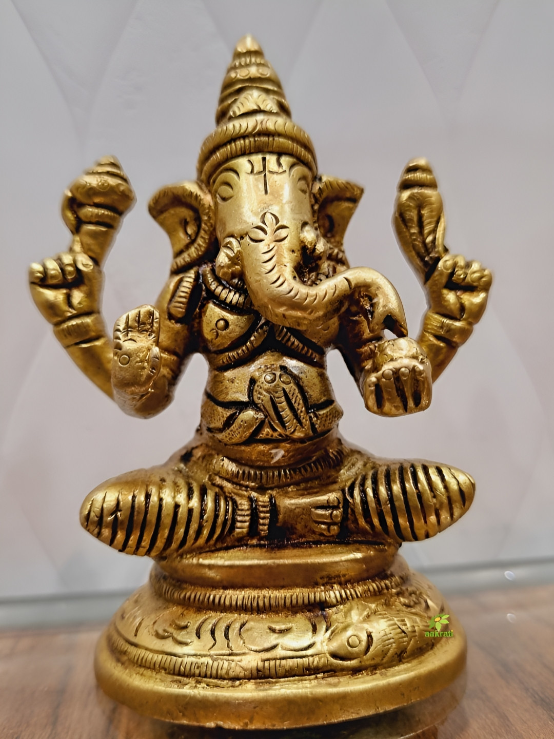 Aakrati Ganesh Statue in Sitting Position Yellow Brass Metallic Prayer Room Small Showpiece - 3.5 Inches