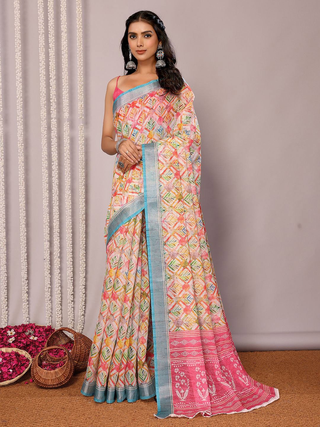 KALINI  Multicolor Linen Blend Floral Printed Daily Wear Saree with Blouse Piece