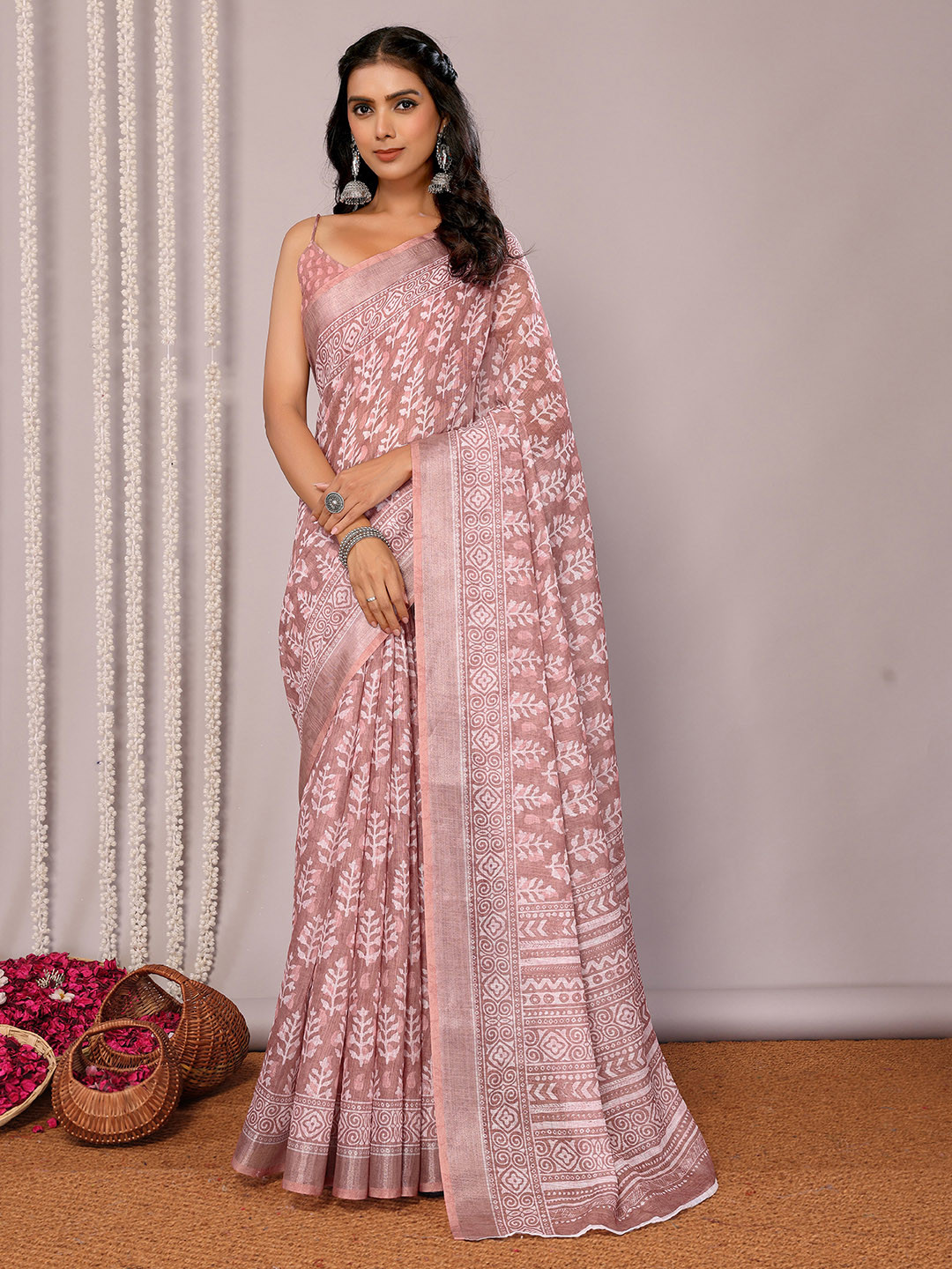 KALINI Women Mauve Linen Blend Block Print Printed Daily Wear Saree with Blouse Piece