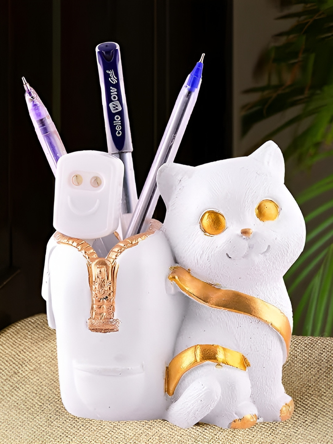 Zart Cat Shaped Pen Stand White Polyresin Glossy Living Room Small Showpiece - 4.5 Inches