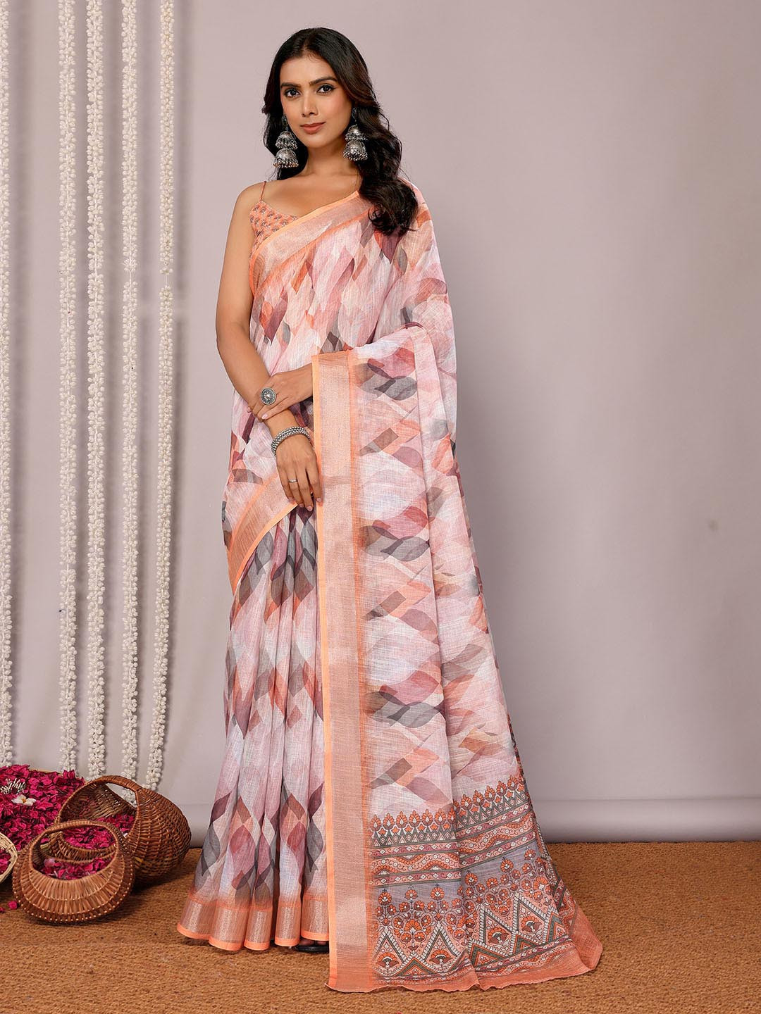 KALINI  Peach Linen Blend Abstract Printed Daily Wear Saree with Blouse Piece
