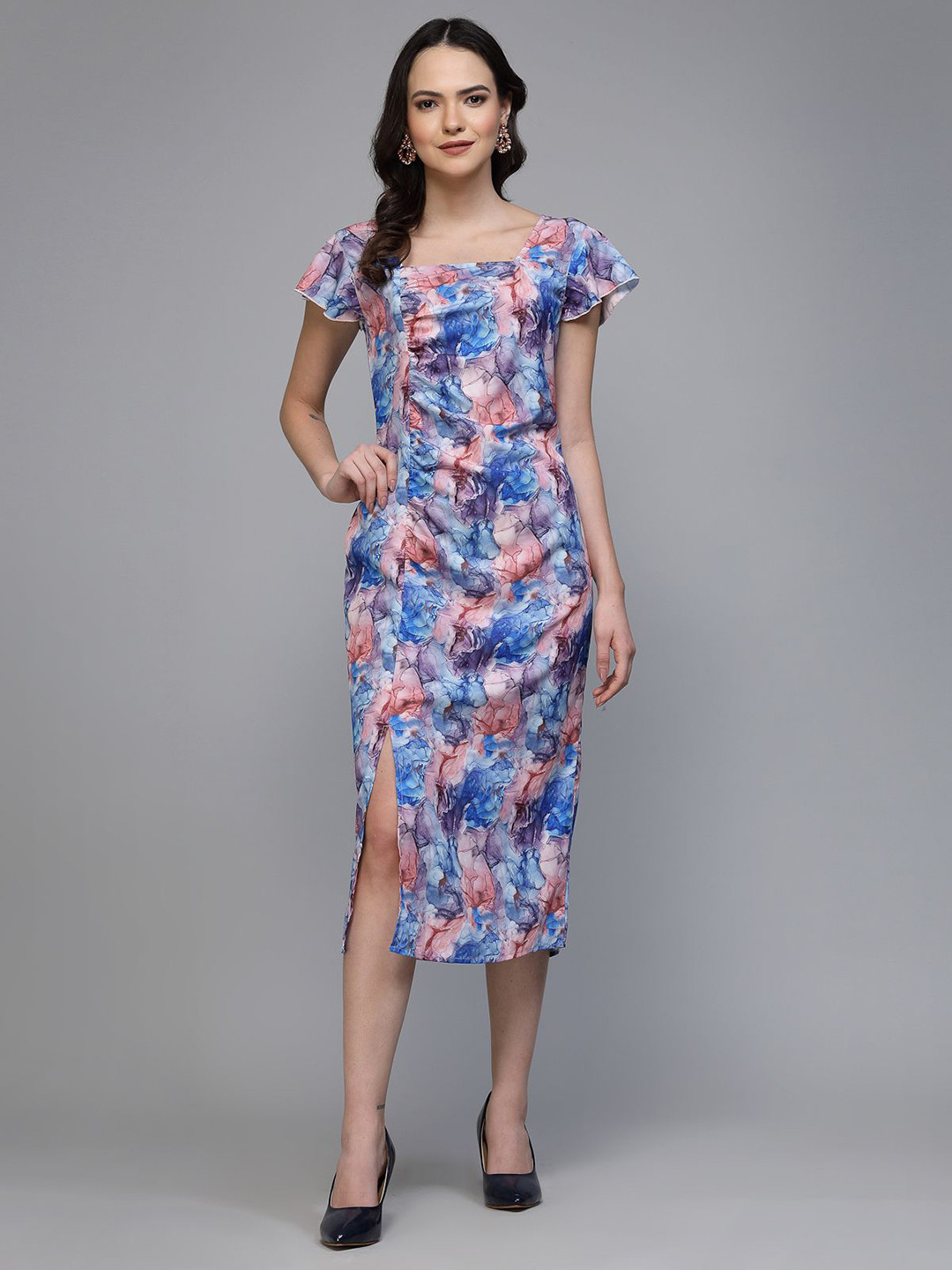 Fabway Clothing Women Floral Printed Crepe Bodycon Midi Dress