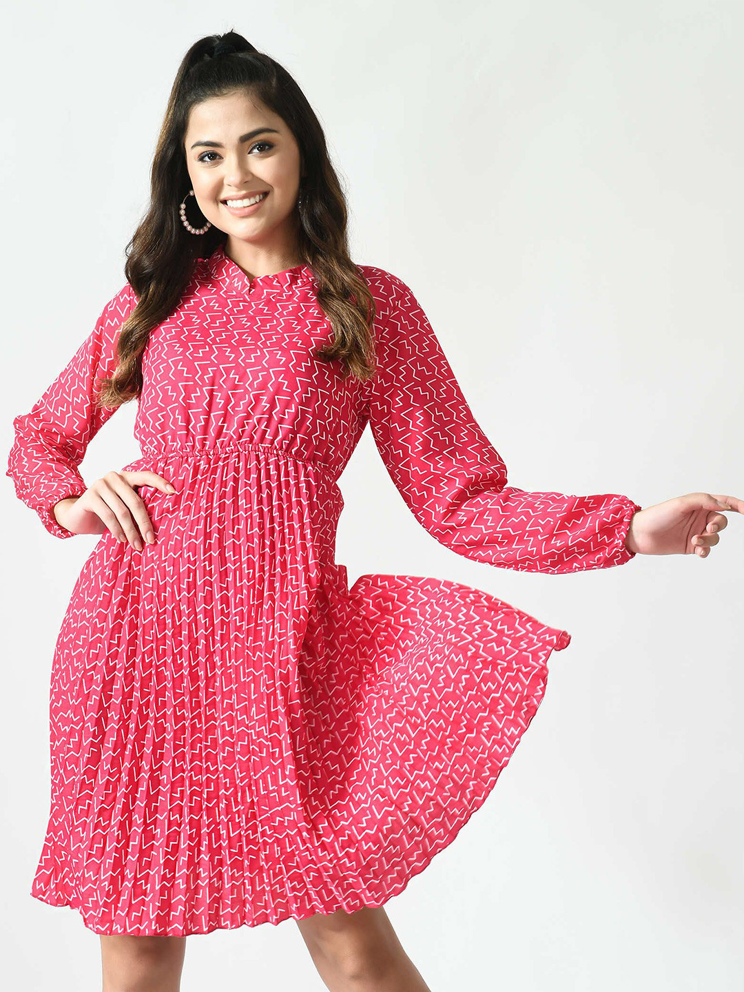 FLYING FEST Print Bell Sleeve Crepe Fit & Flare Dress