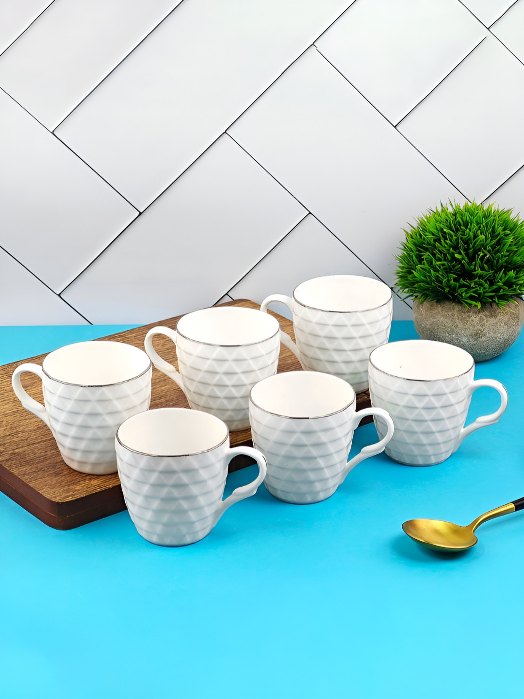 UPC Goldline Collection White Geometric Ceramic Microwave Safe 6 Piece Mugs-300ml