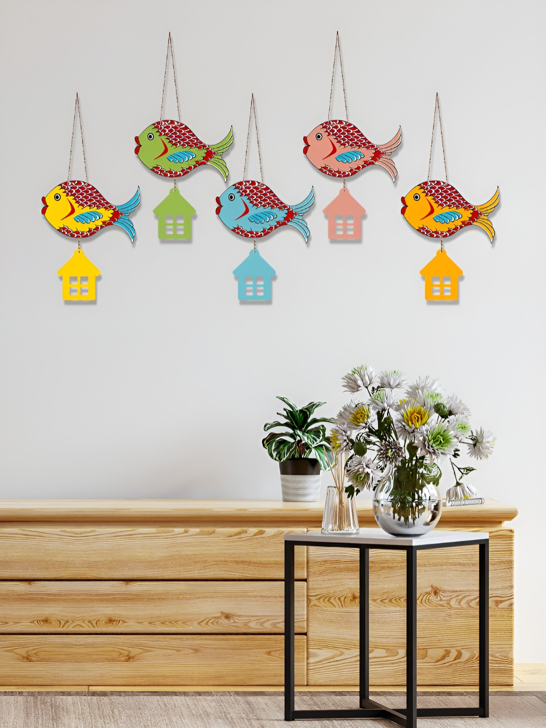 ArtVibes Fishes Wood Matte Hanging Hall 5Pcs Wall Hangings-5In