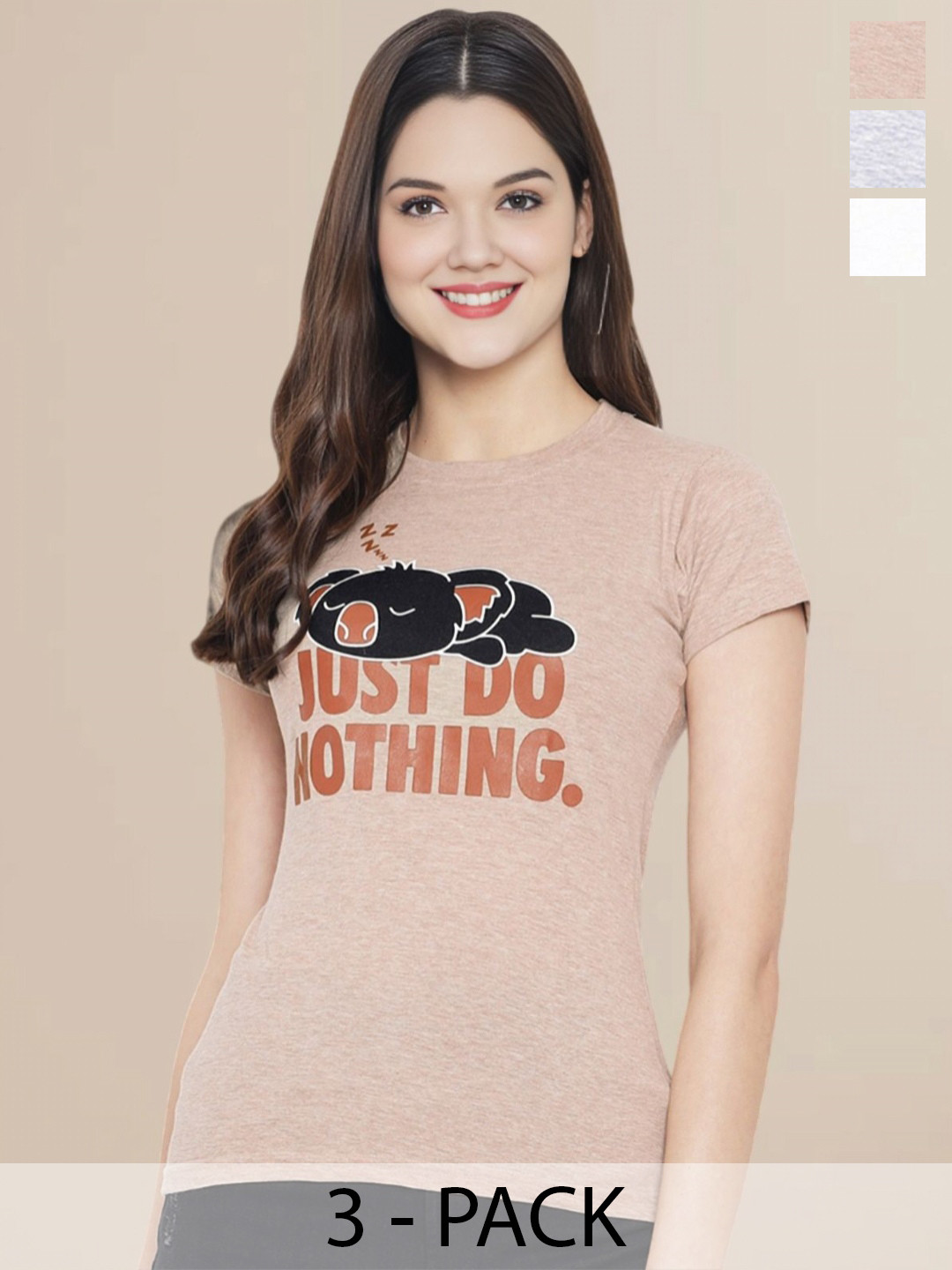 Metronaut Women Pack Of 3 Typography Printed Round Neck Cotton Donald Duck T-shirts