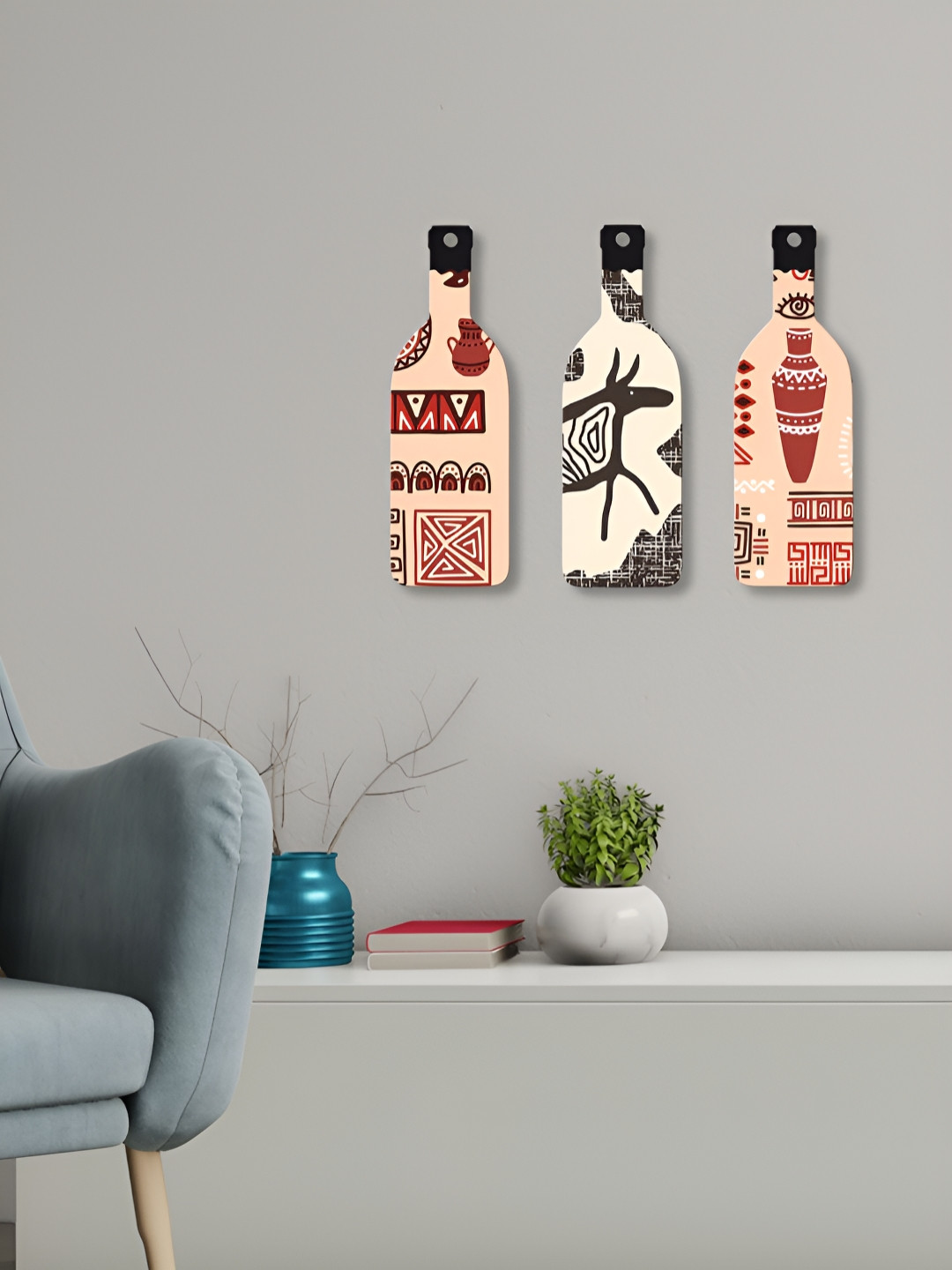 ArtVibes African Warli Wood Matte Hanging Hall 3Pcs Wall Hangings-10.6In