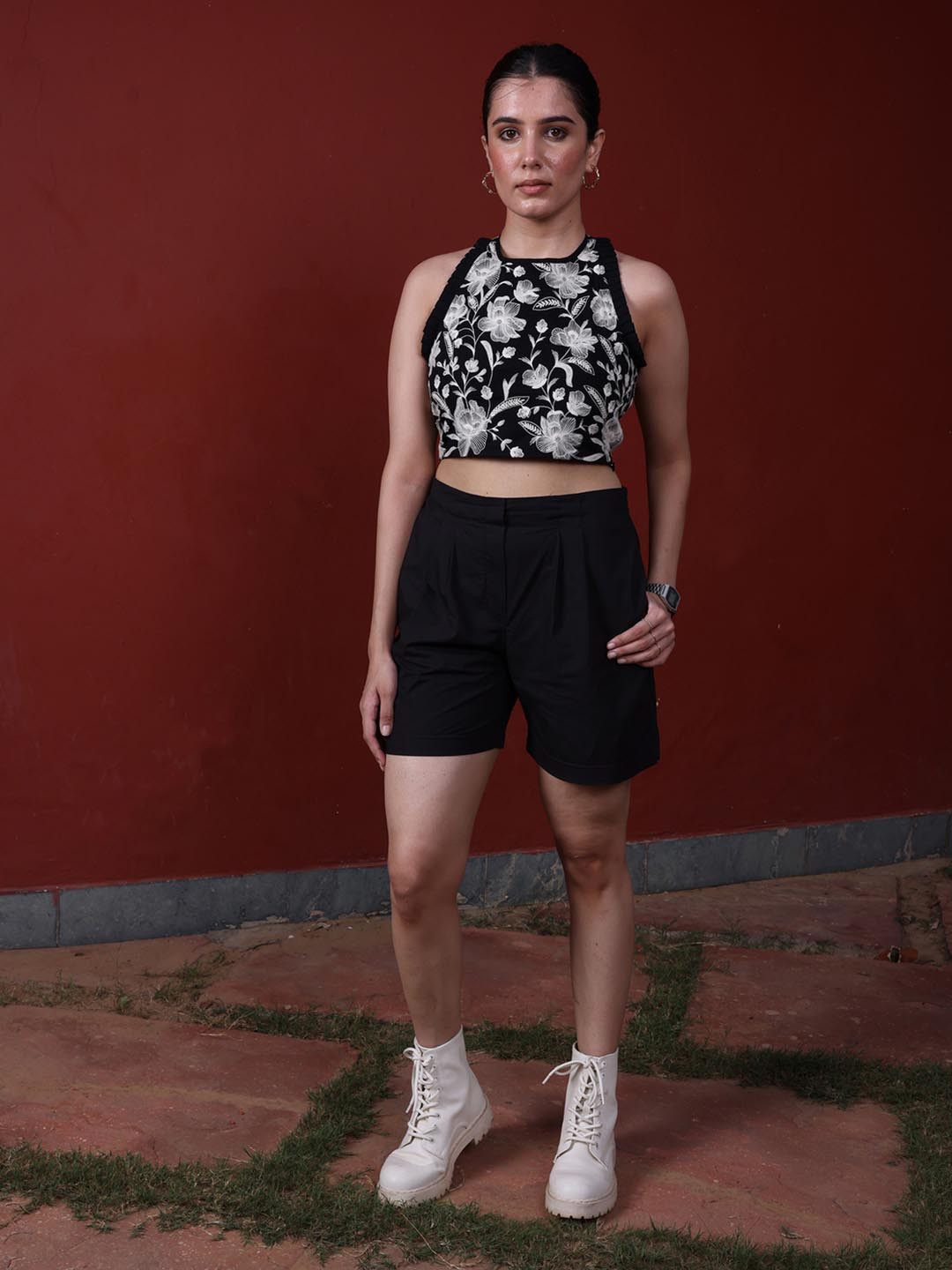 Sands of India Floral Embroidered Halter Neck Cotton Top