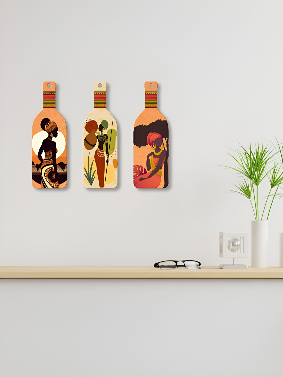 ArtVibes African Warli Wood Ethnic Motifs Matte Hanging Hall 3Pcs Wall Hangings-10.6In