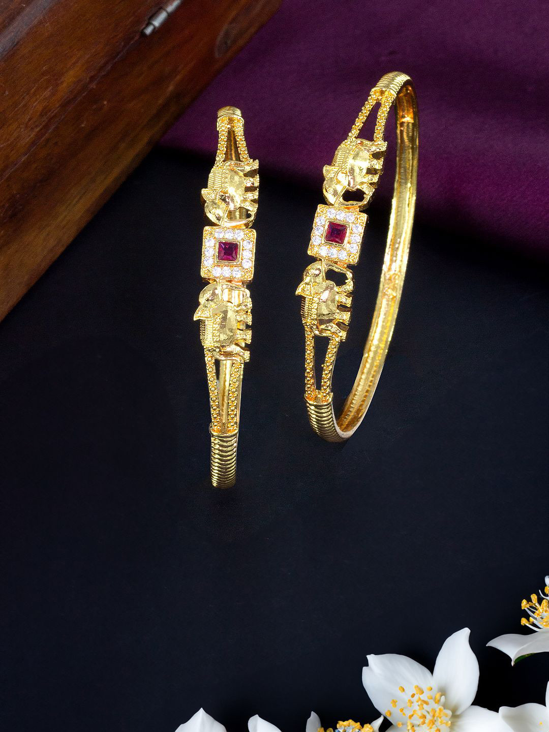 PRIVIU Set Of 2 Gold-Plated AD-Studded Elephant Bangles