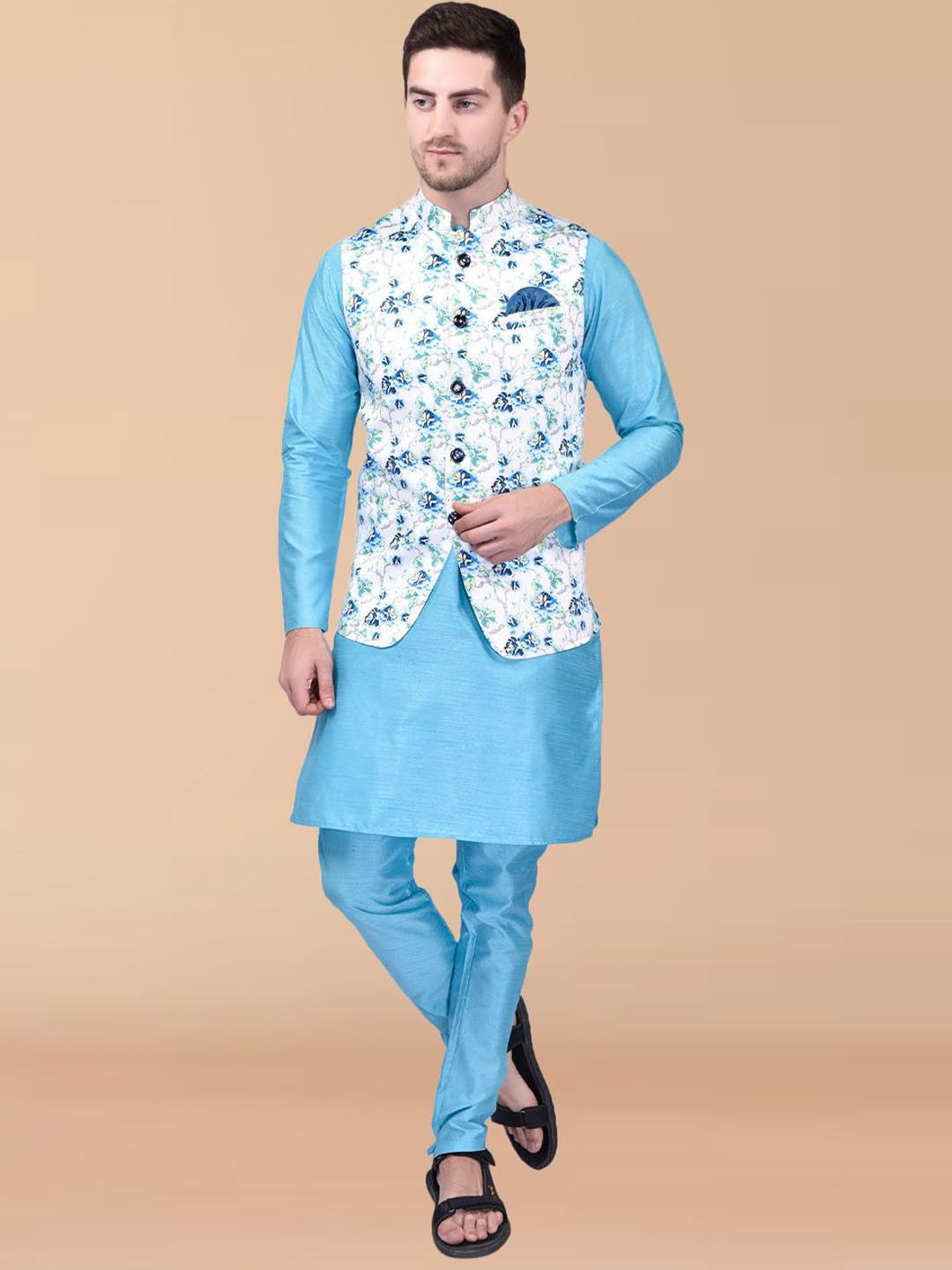 PRINTINDIA Mandarin Collar Long Sleeves Regular Pure Silk Kurta & Trouser & Nehru Jacket