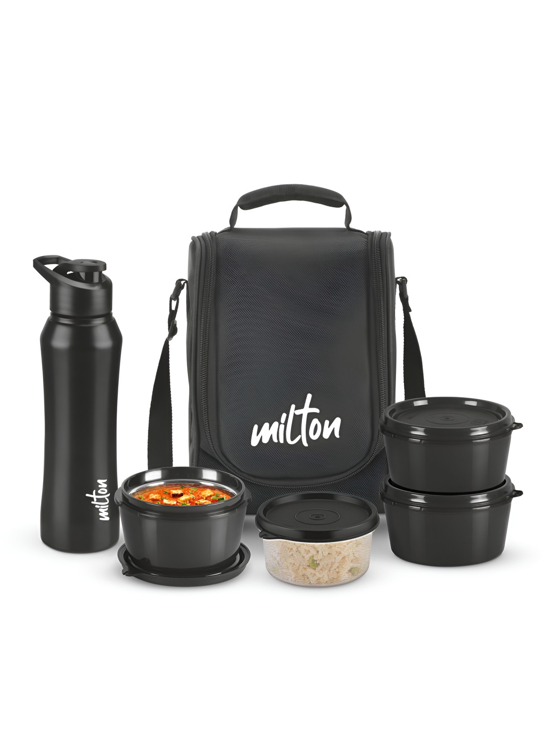 Milton Black Food Fiesta Microwave Safe Lunch Box & Bottle With Bag