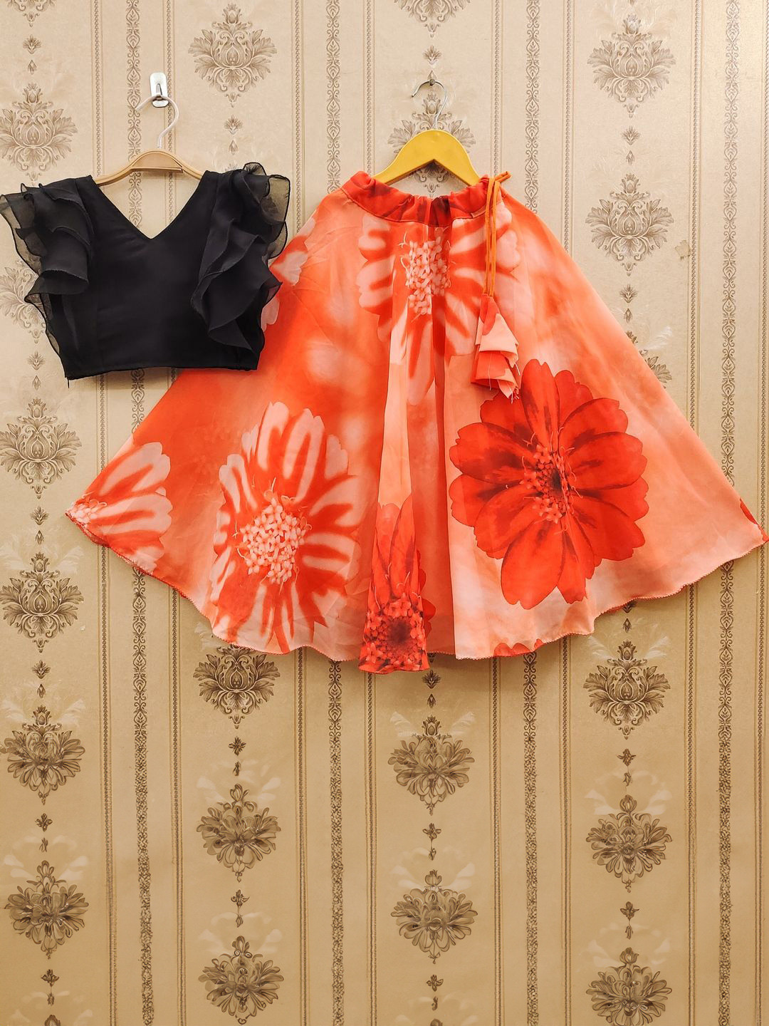 JOVK DESIGN Girls Orange Top With Skirt Clothing Set