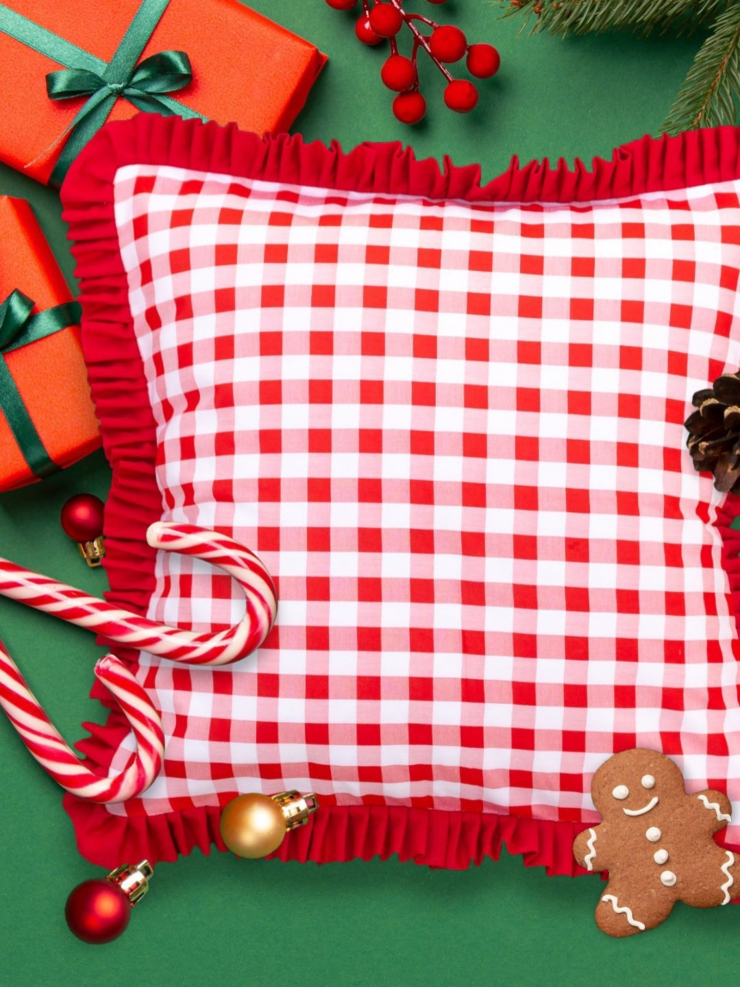 BandBox Christmas Checks Checked Cotton Square Cushion Cover- 16 x 16 In