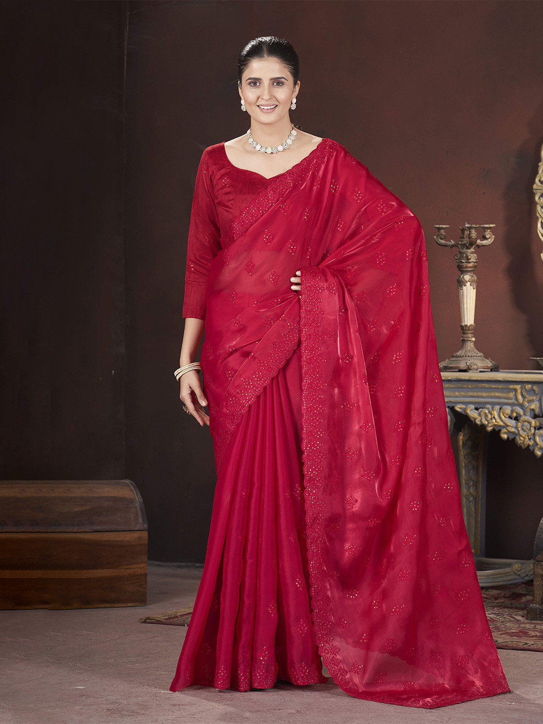 Munir Geemichu Silk Thread Embroidery work Sequinned Saree