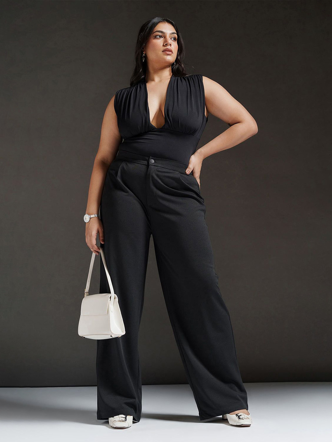 FREAKINS Women Straight Fit High-Rise Curve Textured Korean Trousers