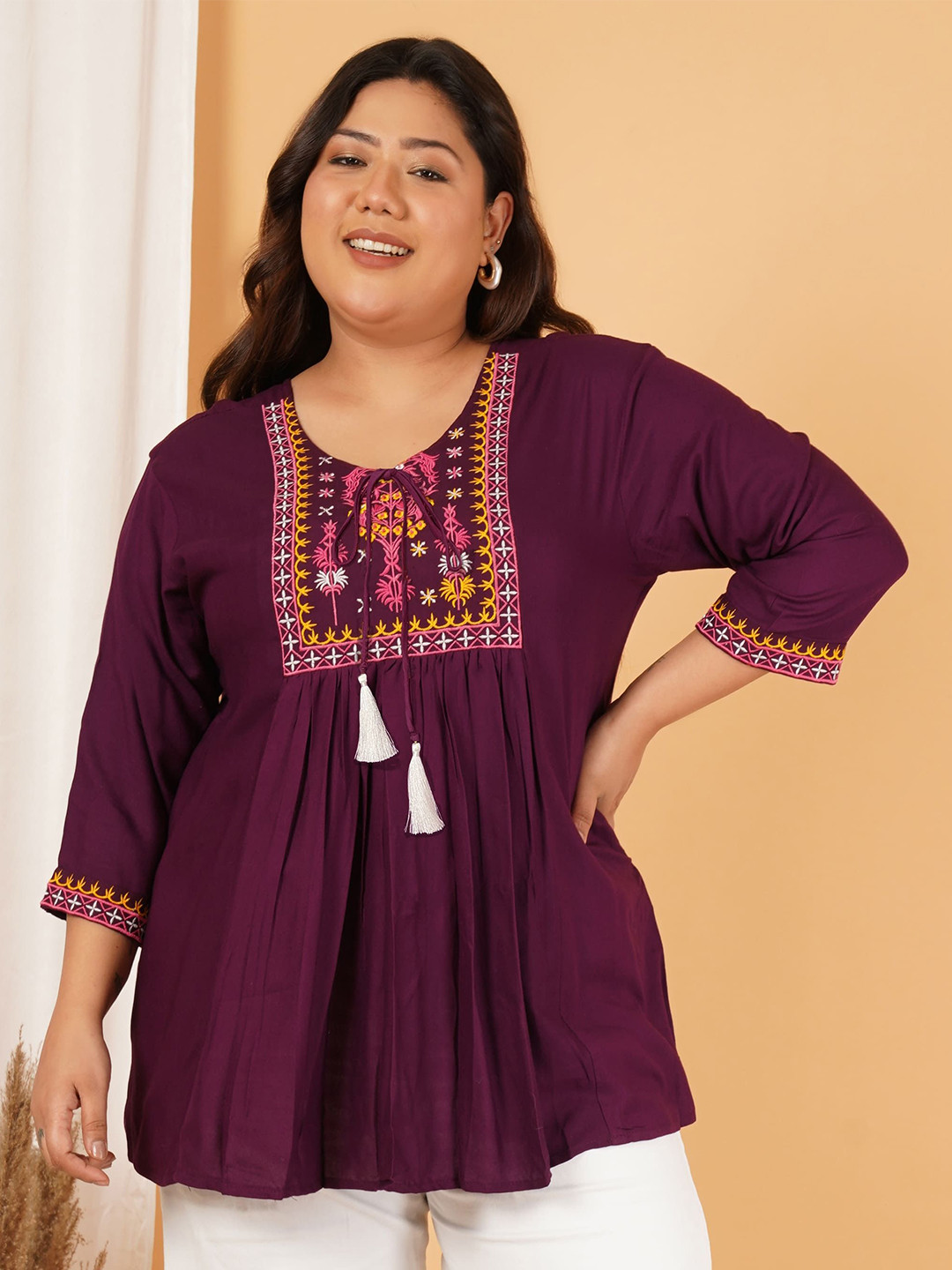 Indietoga Women Plus Size Embroidered with Lace Tunic