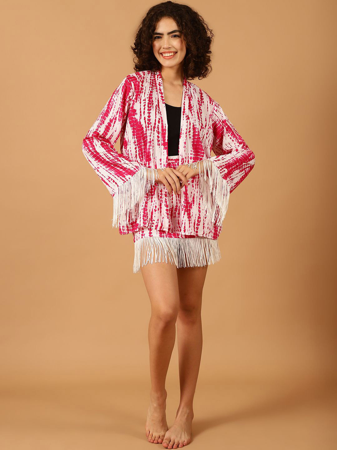 Blissence  Printed Fringed Robe & Skirt Swimwear Cover Up Set
