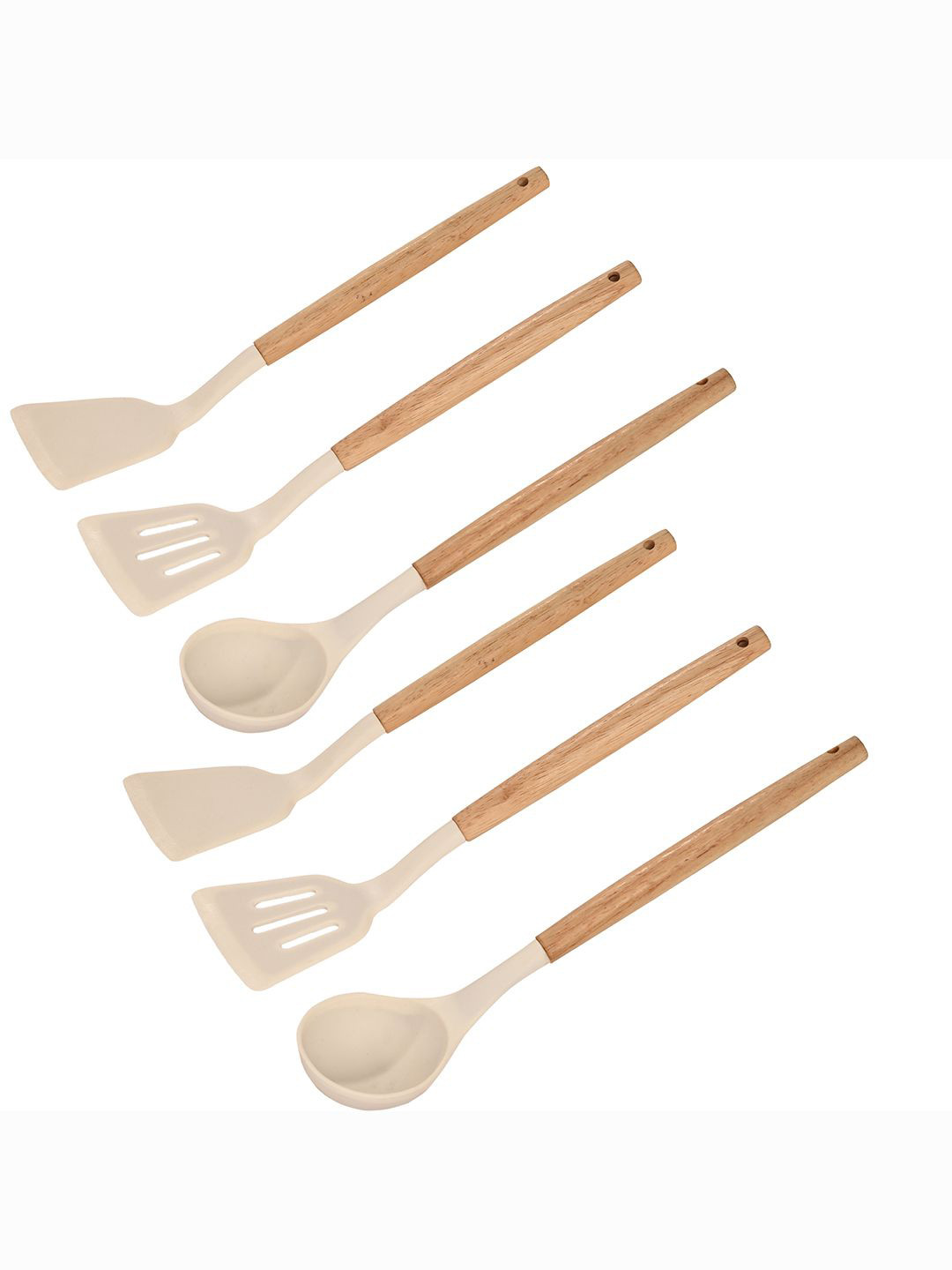 Kuber Industries White & Beige 6 Pieces Silicone Nonstick Spatula Set With Wooden Handle