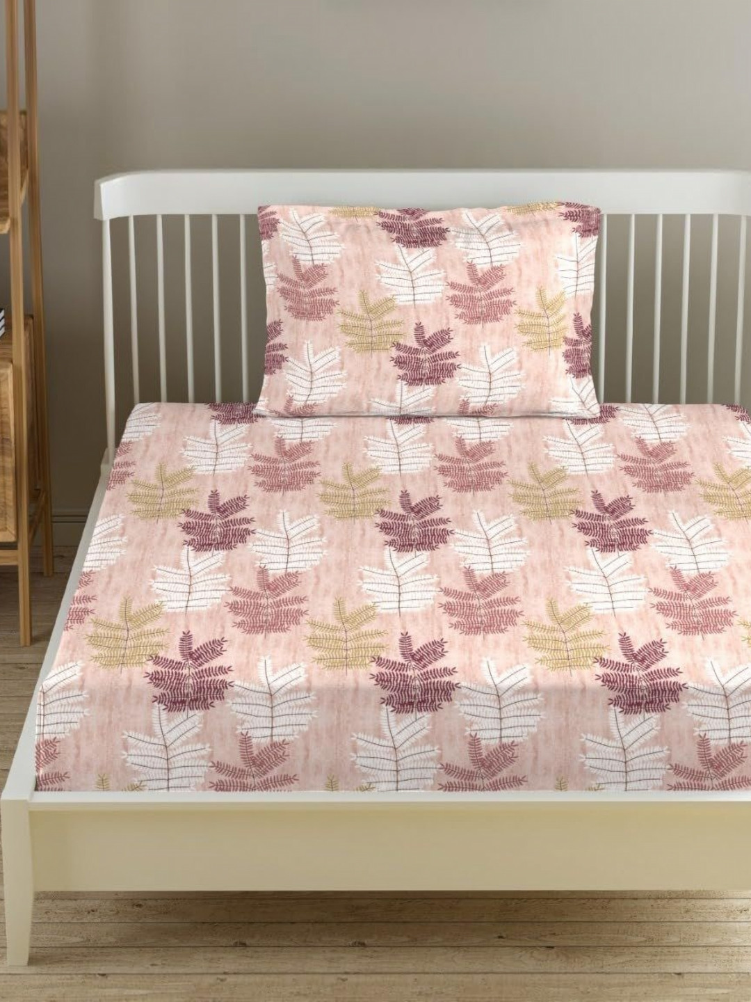 Trance Home Linen Coral Leaf Cotton 180 TC Single Fine Bedsheet with a Pillow Cover-60 x 100 inches